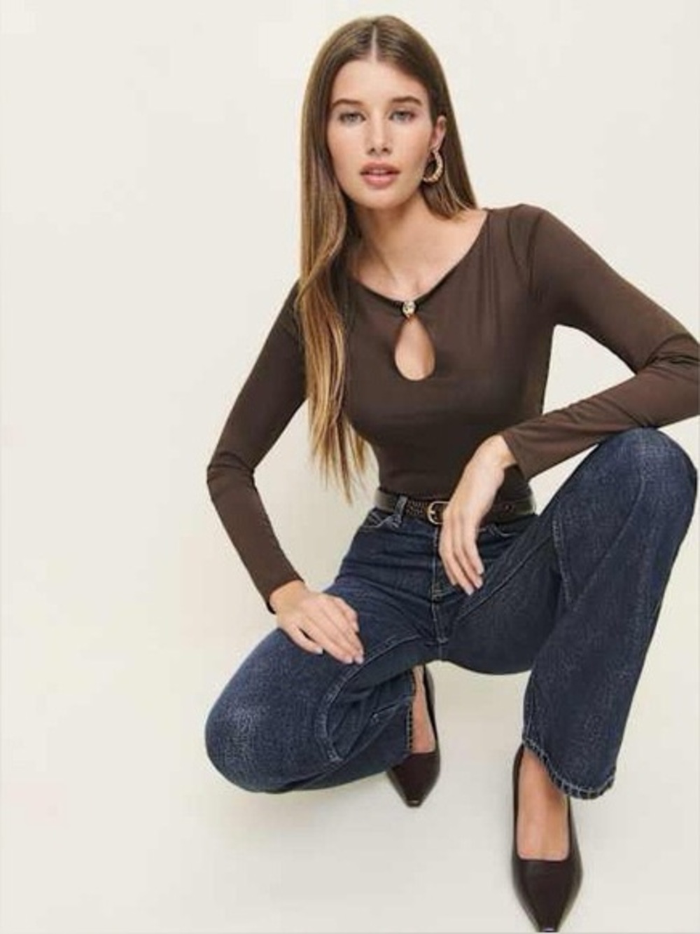 Brown Long-Sleeve Ruched Keyhole Top